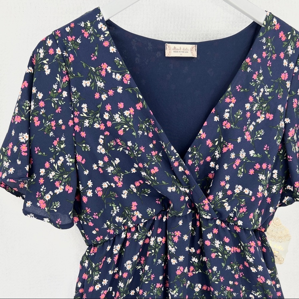 Altar'd State Navy Blue Floral Martha Flutter Sleeve Surplice Mini Dress M - Picture 3 of 10